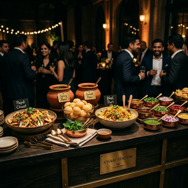 Elegant artisan chaat bar and Indian street food catering spread in the Bay Area