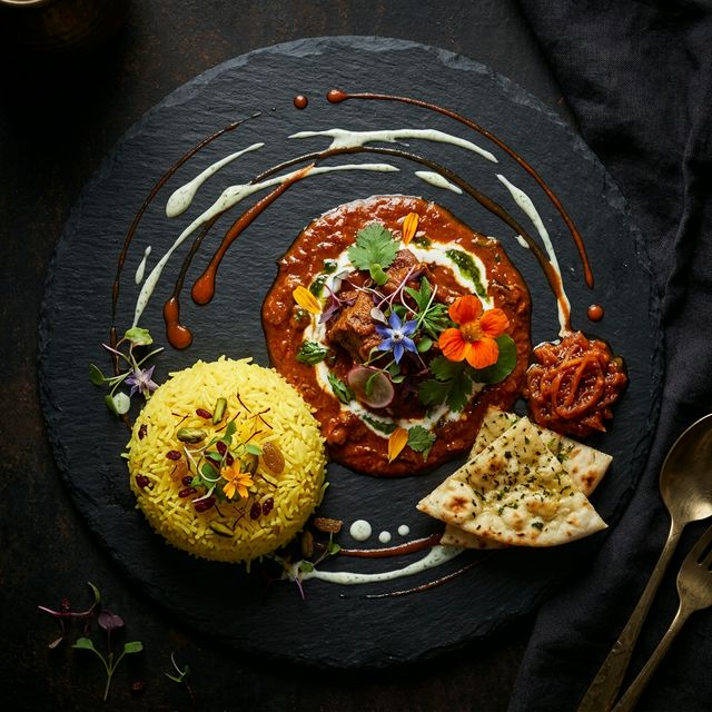 Cinematic plating of Royal Biryani for executive dining in San Francisco
