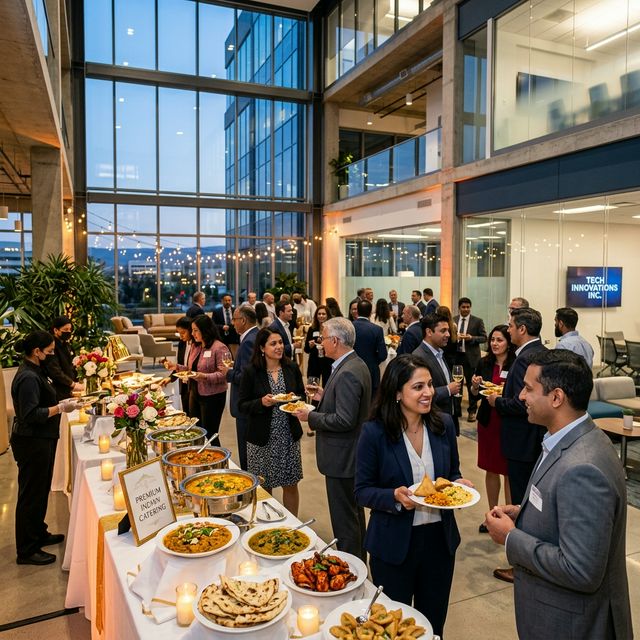 Professionals networking at an upscale Indian corporate catering event in the San Francisco Bay Area