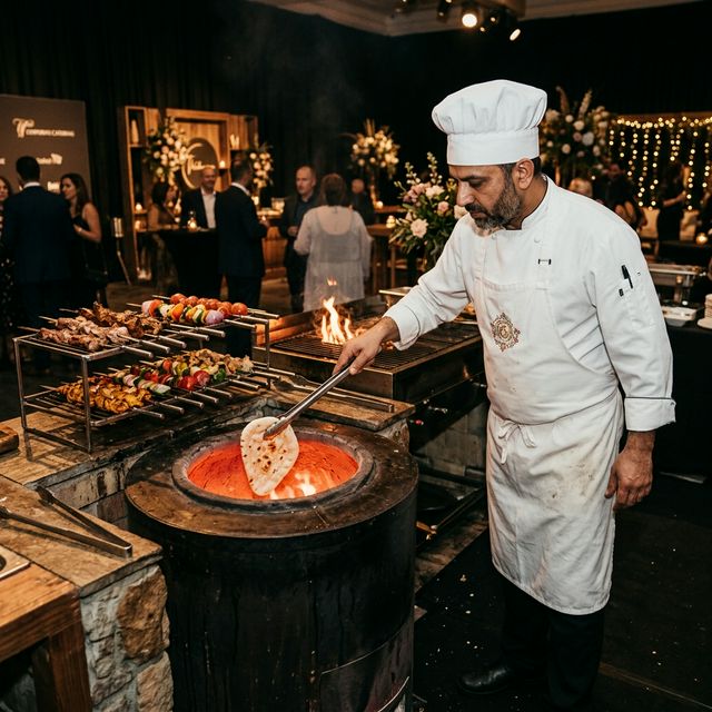 Live tandoor chef preparing naan at a Silicon Valley corporate event in Palo Alto